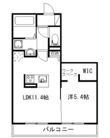 11.4帖のLDKと5.4帖の洋室＋ワークスペースとウォークインクローゼットがある1LDKの間取り。