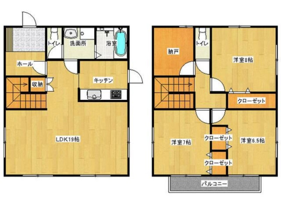 ピンクの外観がかわいい戸建ての間取り図