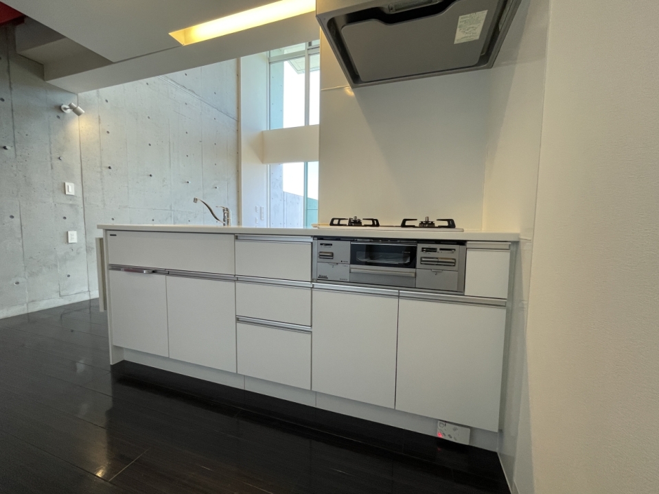 大きな窓を背景に楽しく料理ができます