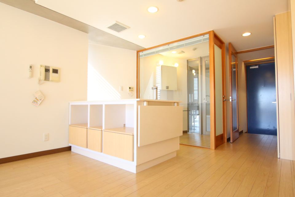 キッチンに跳ね上げ式のテーブル付き。お部屋側に収納も付いています。