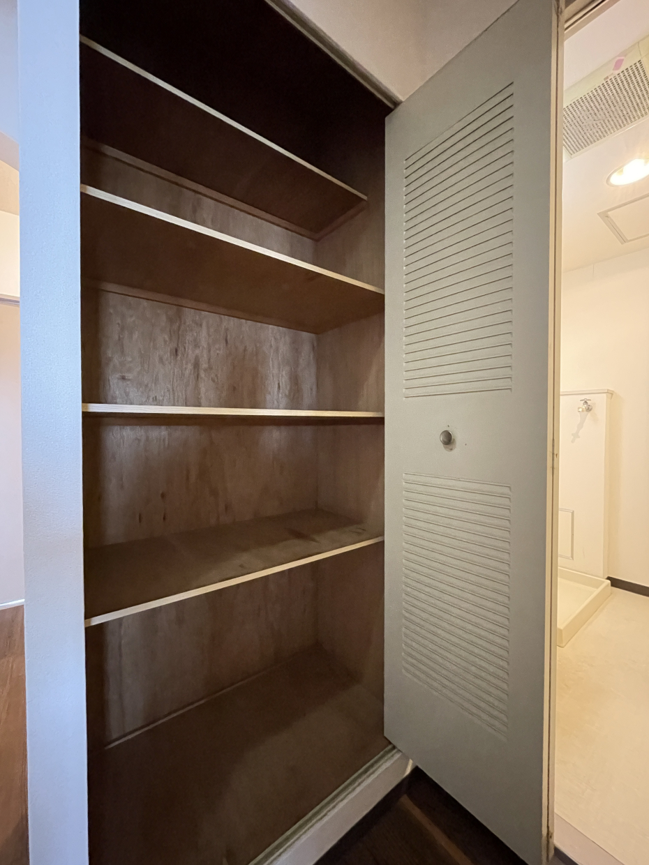 洗面所手前の廊下にも収納棚。タオル置き場などに最適！