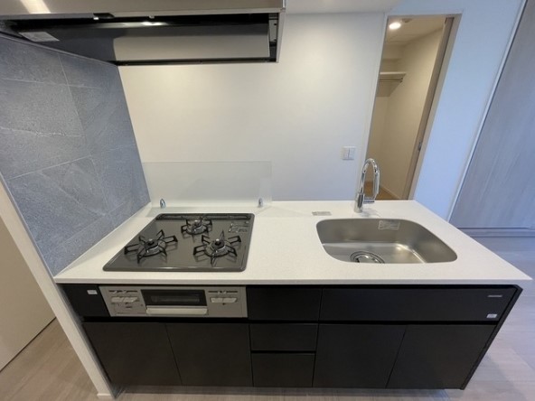 キッチンの黒色とパネルのストーン調はいいスパイスになりそうです