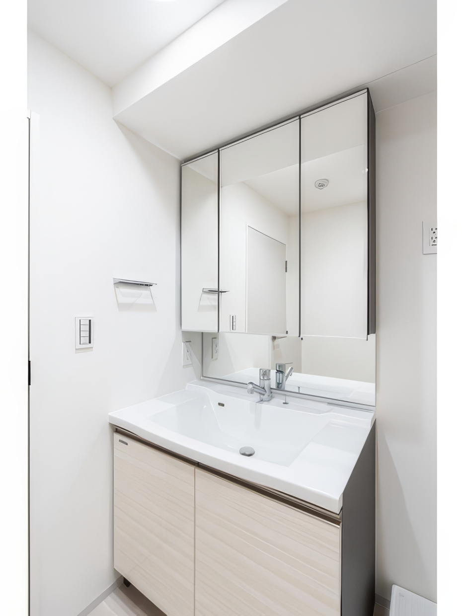 洗面所は締め色がアクセントに。