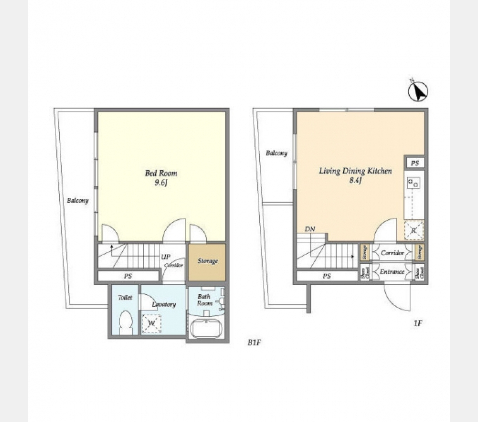 木目の下がり天井のダウンライトのしゃれてるメゾネットの間取り図