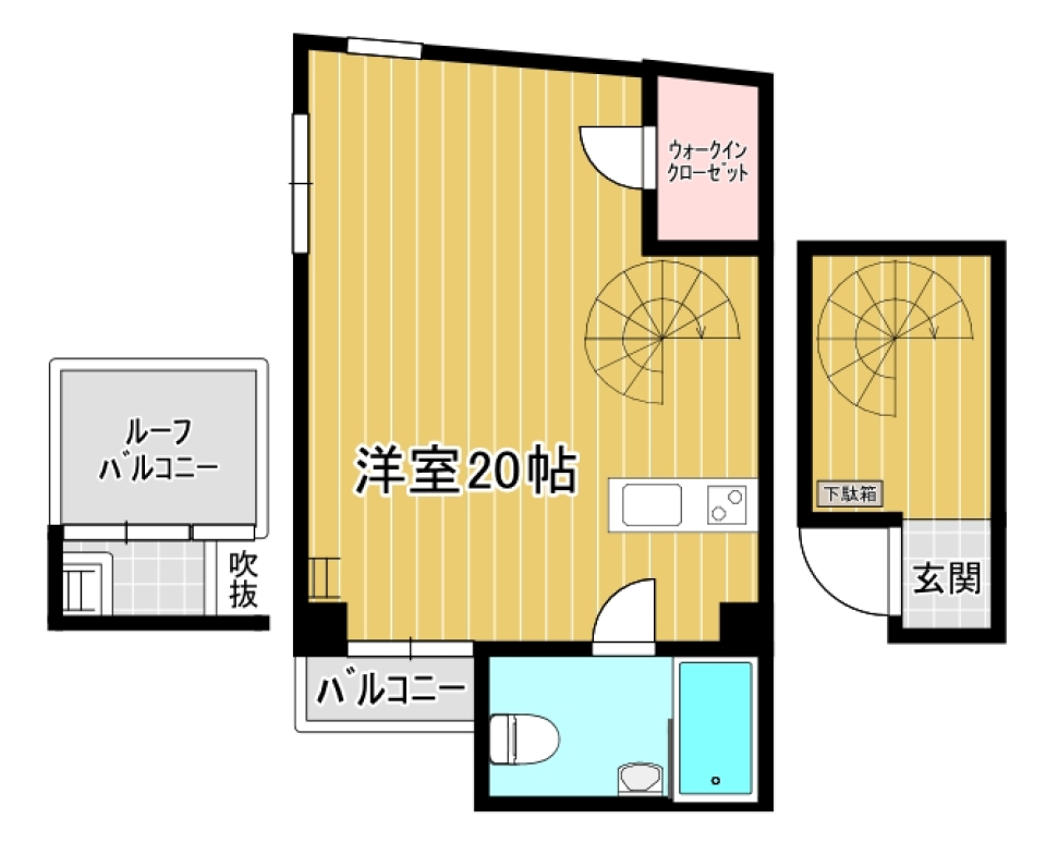 螺旋階段の上下運動と梯子でルーフバルコニー独り占めの楽しいお部屋の間取り図