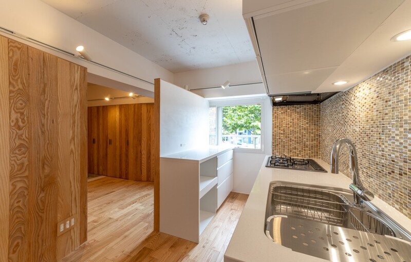 キッチンとキャビネット。その奥には防音性に優れた4.4帖の洋室がある