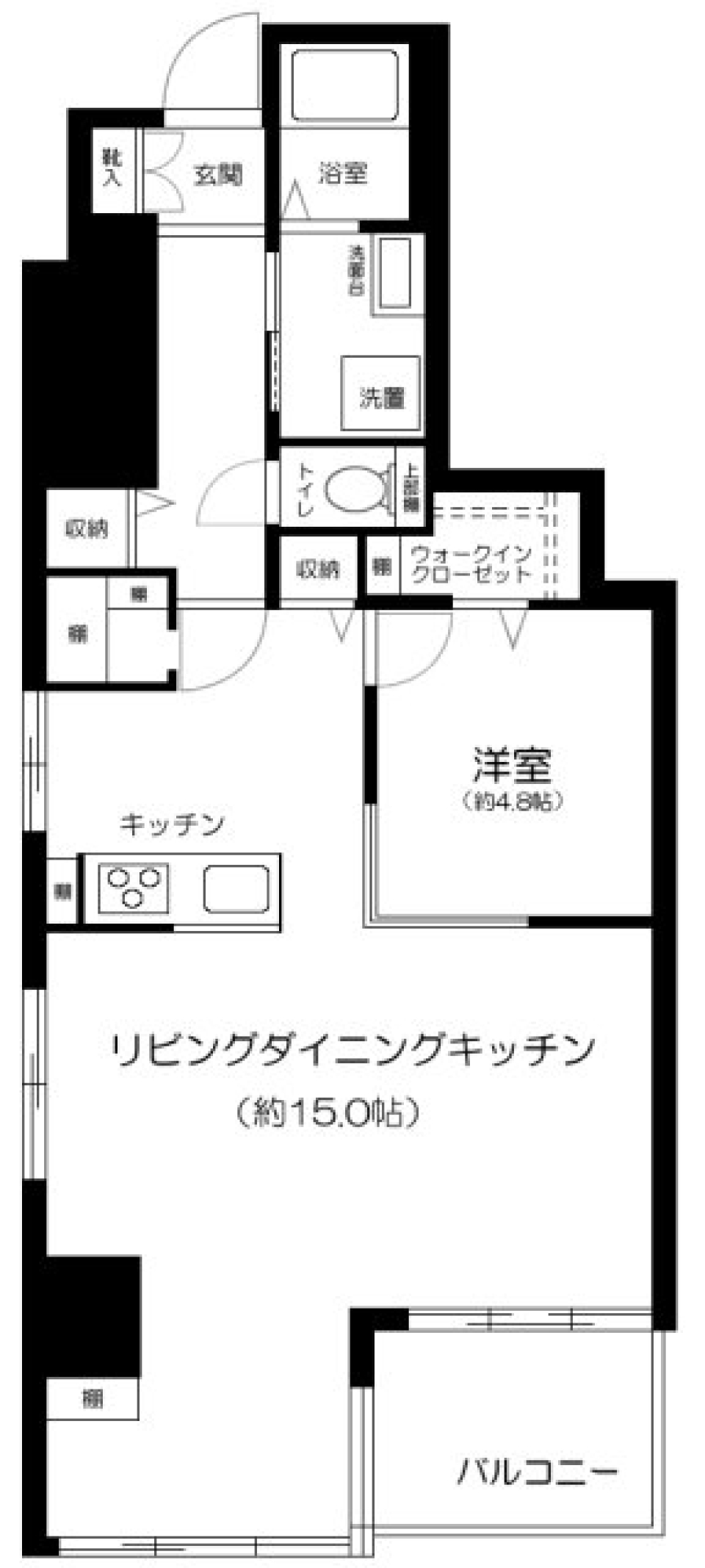 デコ窓がお部屋のアクセントになる広々15帖のリビングの間取り図