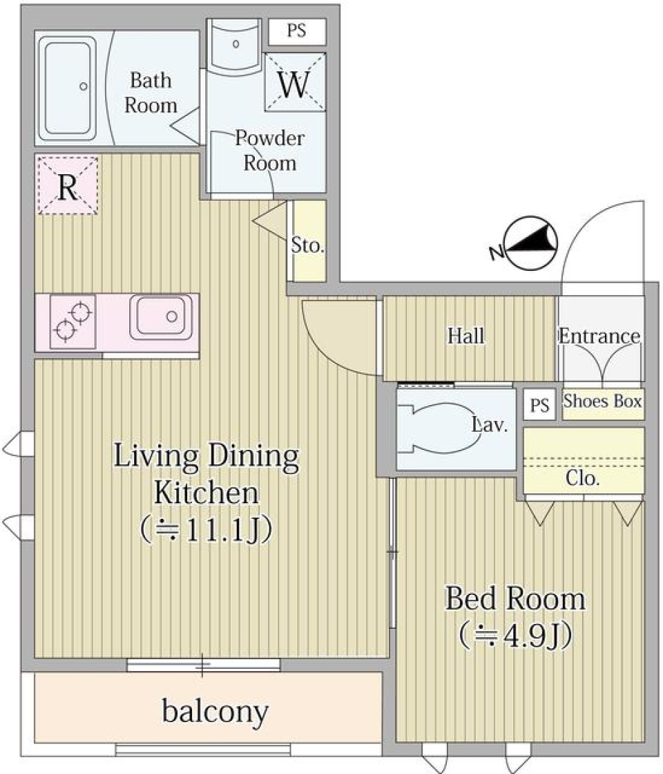 最上階で叶える、1LDKの憧れの白い空間の間取り図