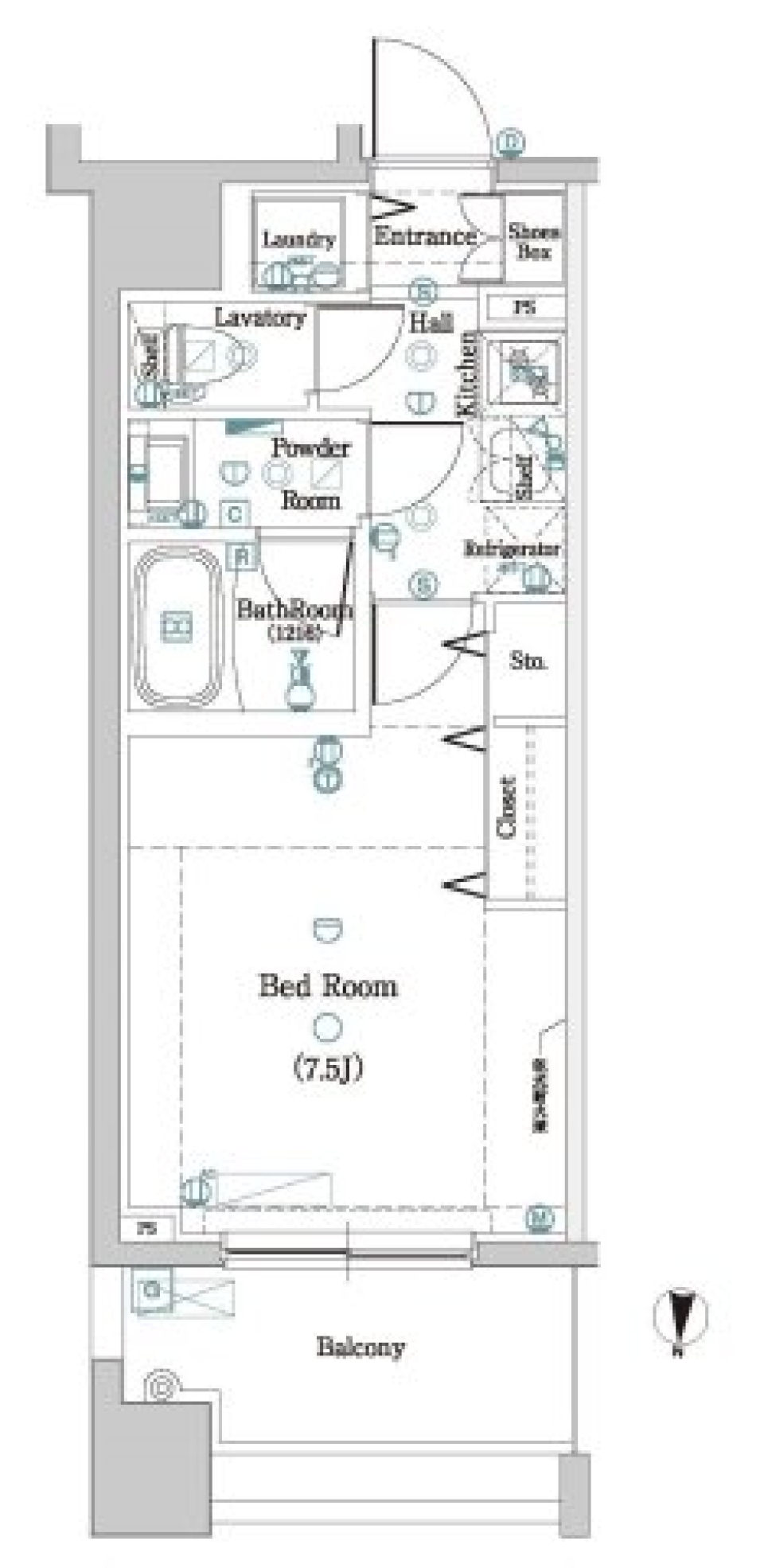 高みから始まる、7.5帖の1K生活の間取り図