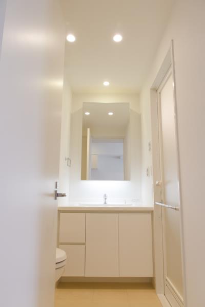 収納もある独立洗面台。