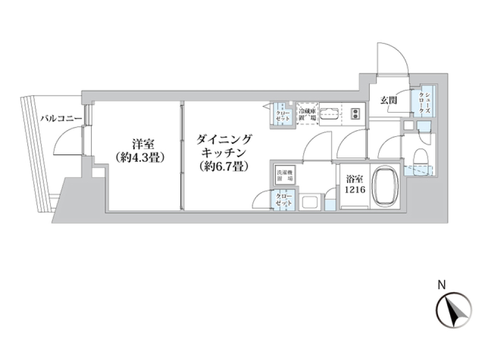 スカイブルーのアクセントウォールで広がる心地よい空間の間取り図