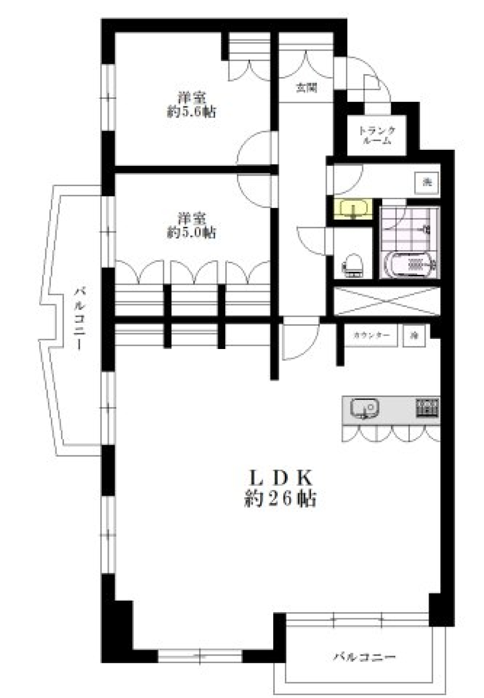 川のほとりの開放的なリビングの間取り図