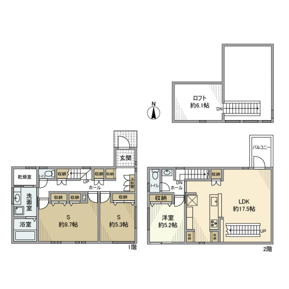 威風堂々とした階段と海外風ファンが彩る大人の暮らしの間取り図
