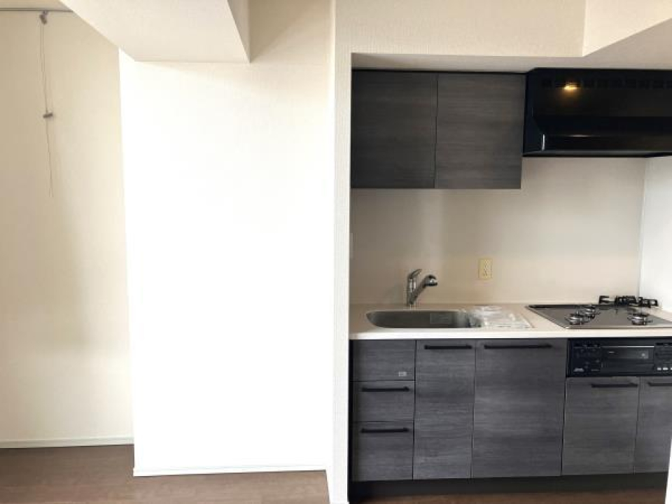 キッチンも全体の雰囲気にマッチした、シックなキッチンに。三口コンロで、機能性も備わっています。