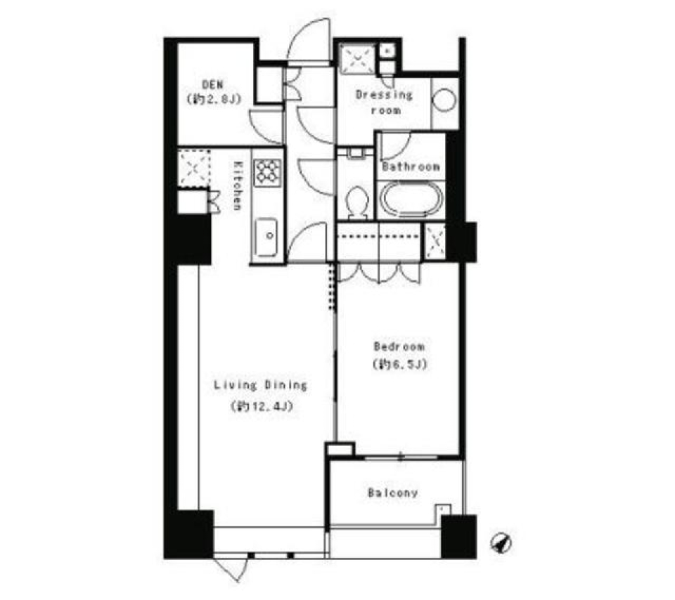 都会のオアシス：広々とした１２．４帖の1LDKの間取り図