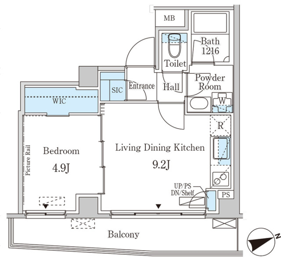 ブルーのグラデーションの上にの間取り図