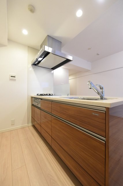 ブラウンの落ち着いたパネルが導入されているキッチンです。