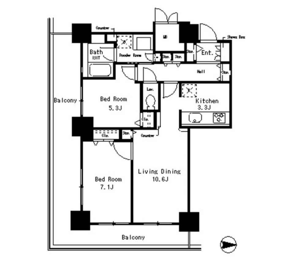 広々バルコニーは角部屋の特権の間取り図