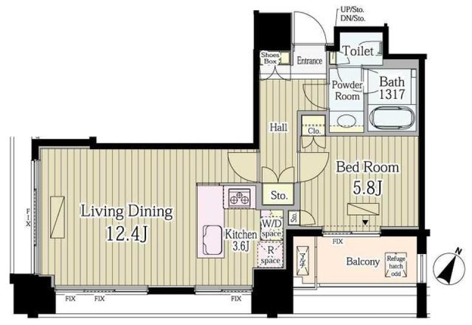 L字型キッチンで効率的な作業スペースと広々としたカウンタースペースを活かす家の間取り図
