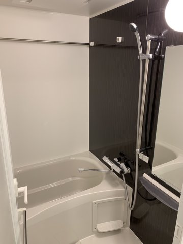 ダークトーンのパネルが白い浴槽とのコントラストを作ります。