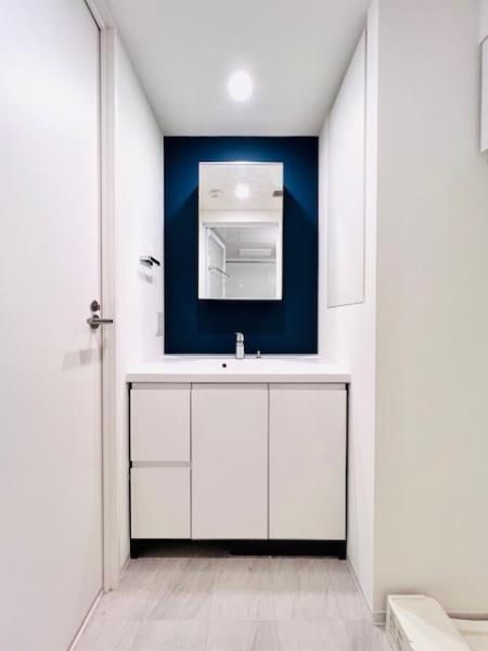 ダークのパネルがしまった感じのする独立洗面台。