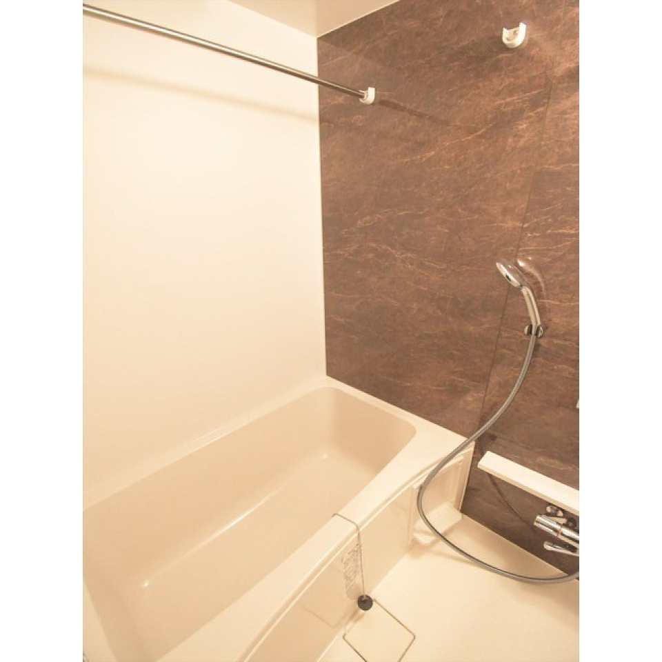 ブラウンのパネルが導入された浴室。
