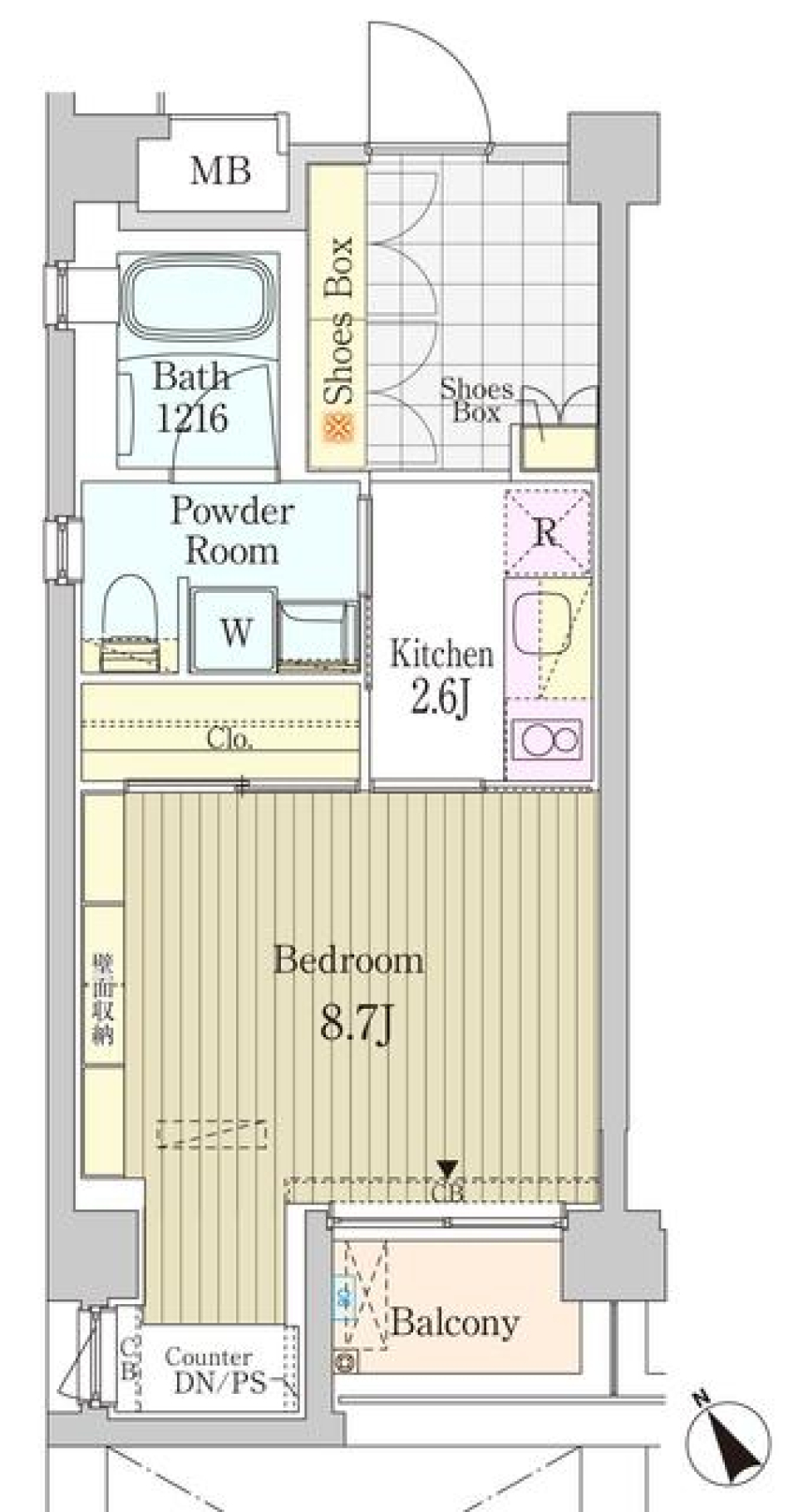 棚とカウンター完備、クリエイティブ空間のある家の間取り図