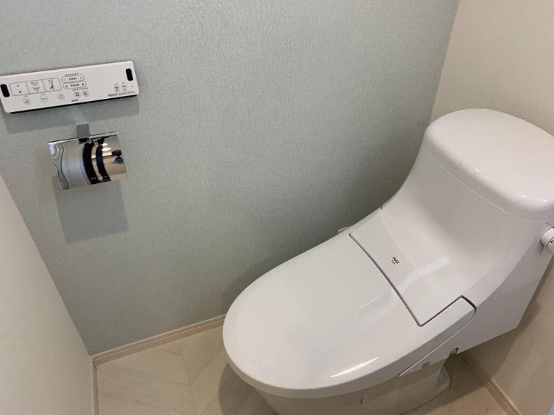 薄いブルーの壁のトイレ。