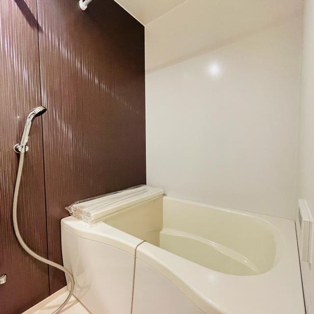 ブラウンのパネルが導入された浴室。