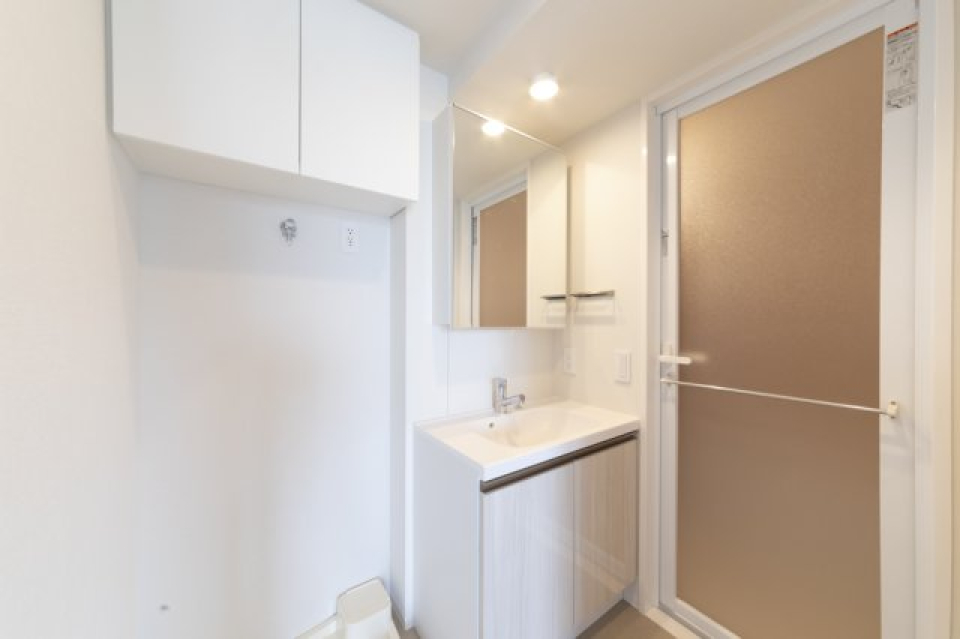 独立洗面台。洗濯機を置く場所の上には収納棚があるので嬉しいですね！