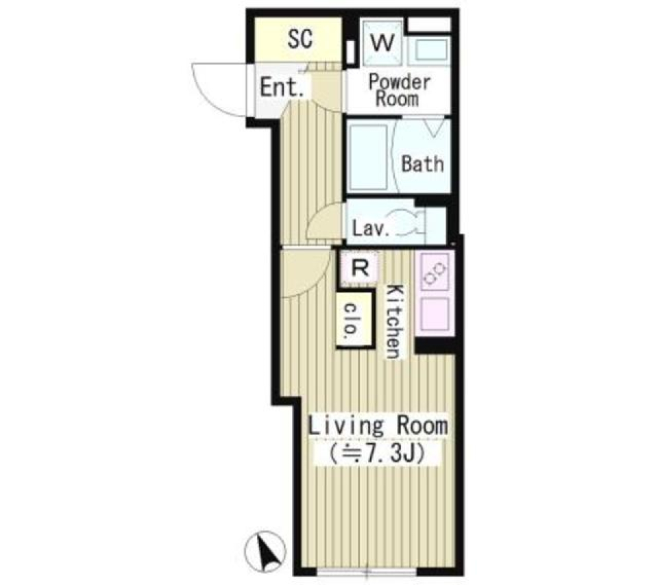 恵比寿の7.3帖の１Kの間取り図