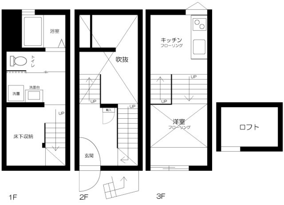 1Kなのに３階建て！？の間取り図