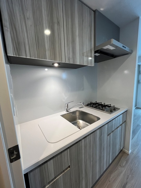 アッシュグレーのパネルのキッチン。２口のガスコンロが設置されています。※写真は同タイプ住戸です。