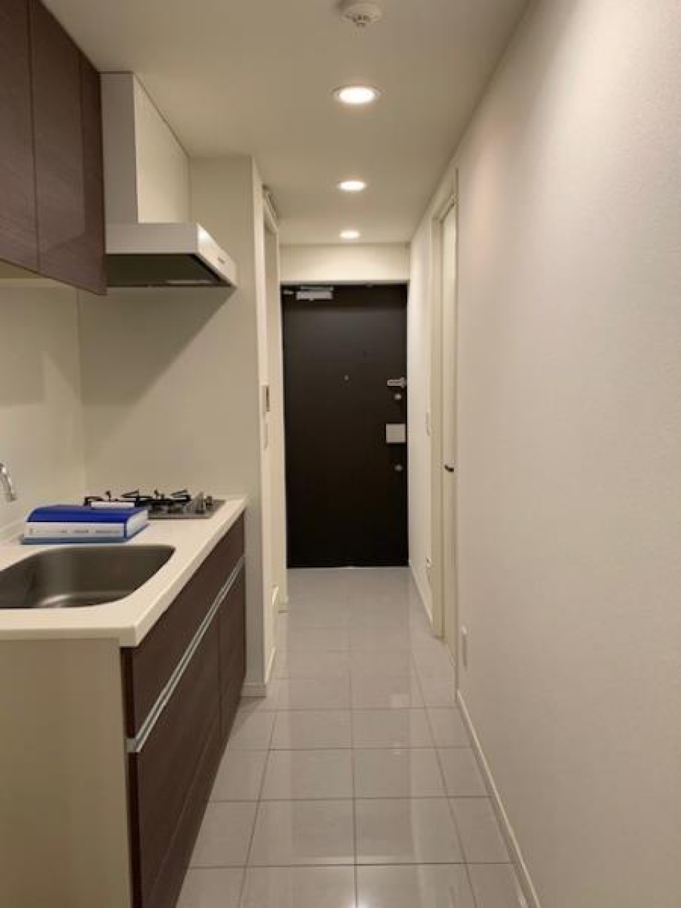 廊下にはブラウンでシンプルなキッチンがあります。