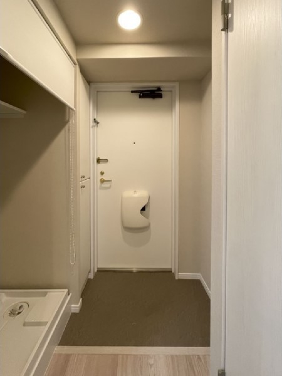 洗濯機置場は玄関脇にあり、ロールカーテンで隠せるようになっています