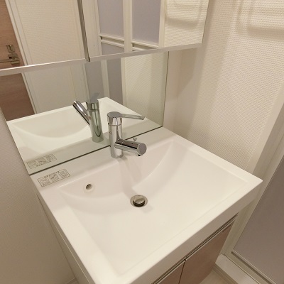 手元も鏡で映してくれる独立洗面台。