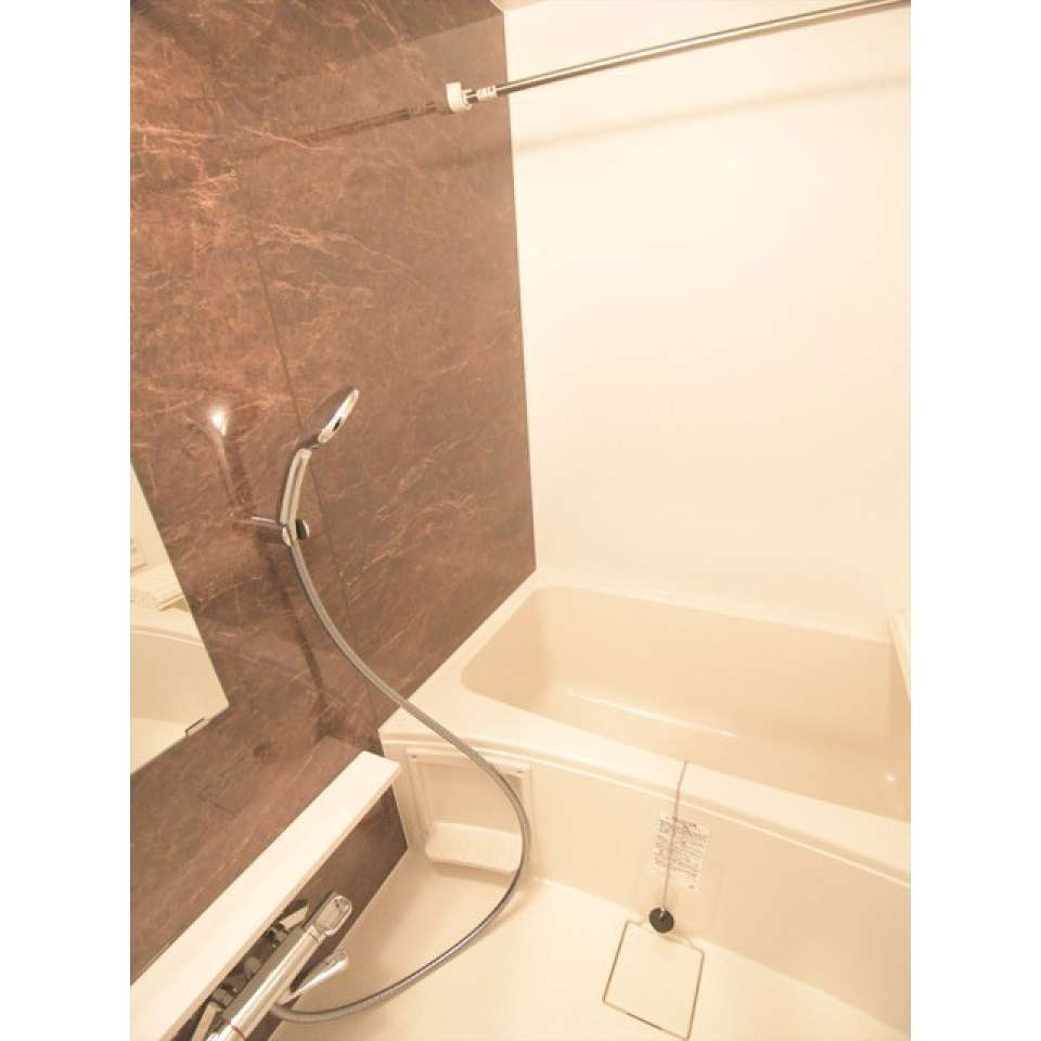 ブラウンのパネルが導入された浴室です。