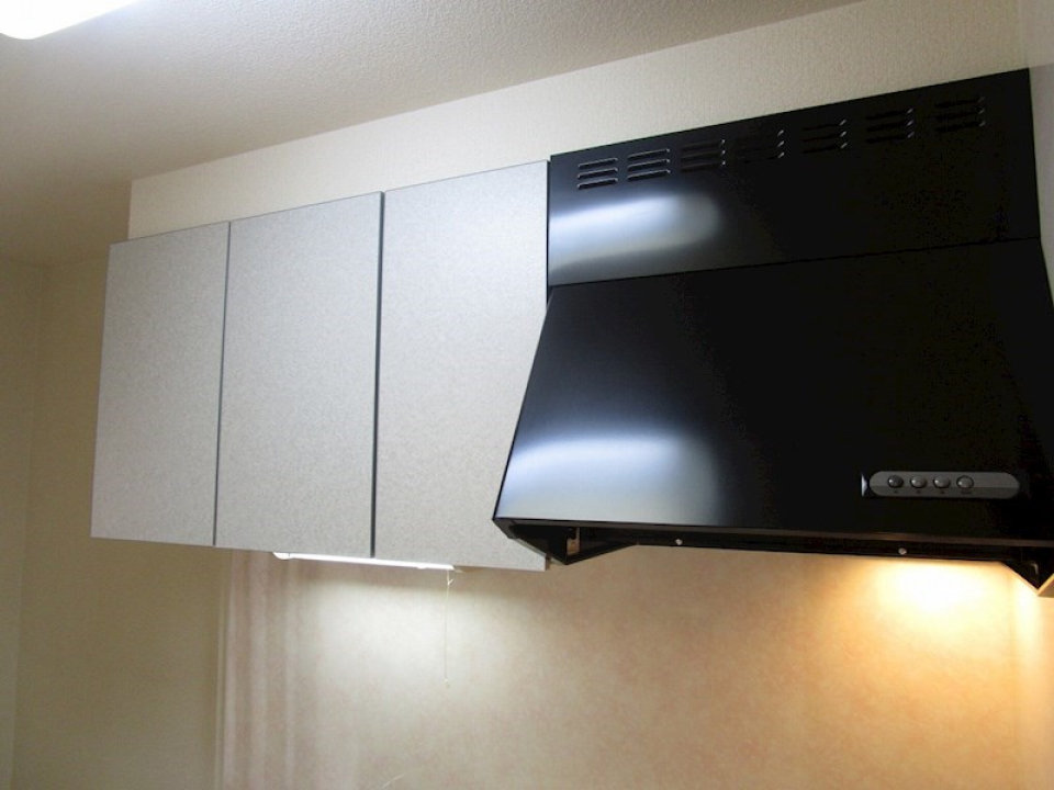 シンクの上にも収納棚があるのでとても便利です！換気扇は一風変わってシックな黒。