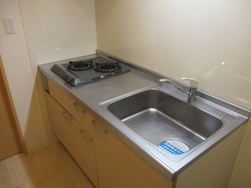 ガスコンロ付きのキッチン。取っ手付きの収納棚もあります。