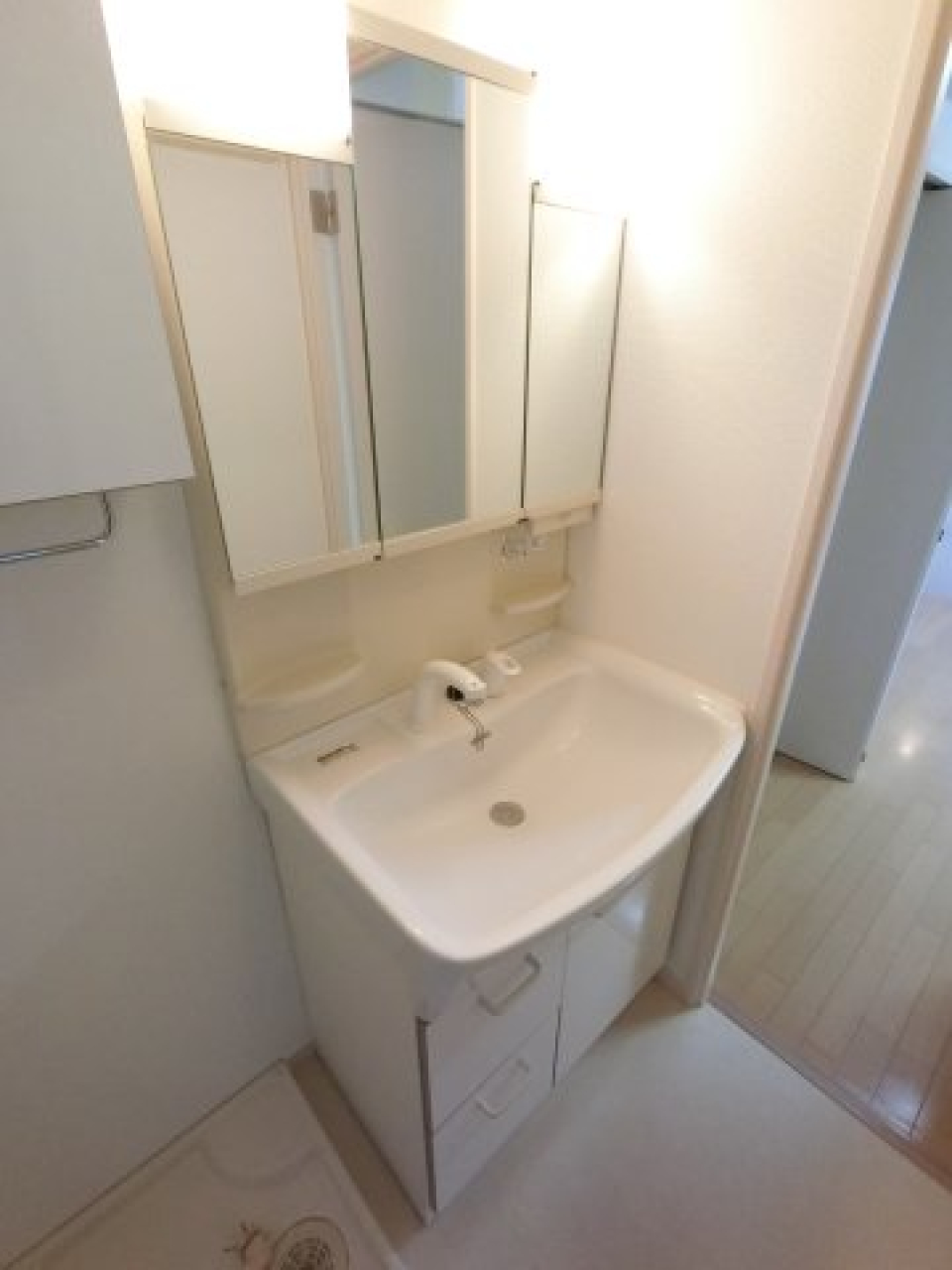 独立洗面台は洗濯機とお隣同士。