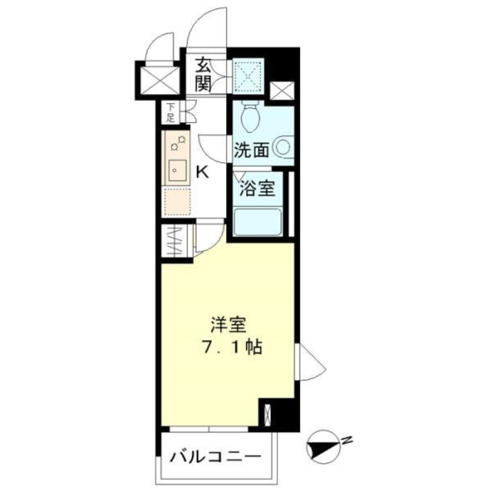 バルコニー付き１K、２方向光溢れるの間取り図