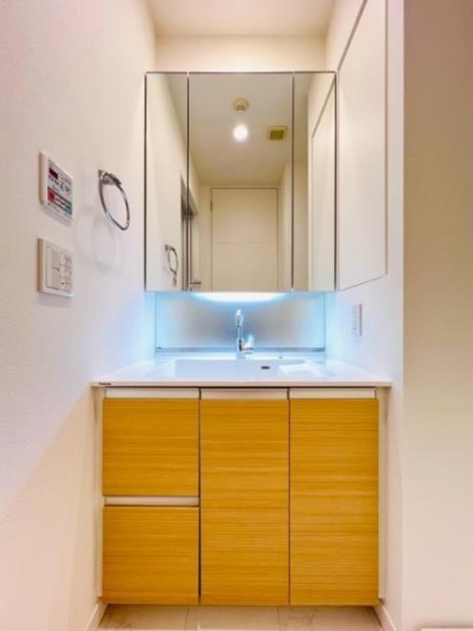 手元を照らしてくれる独立洗面台。