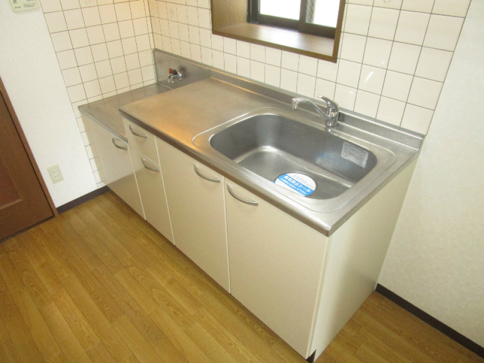 広めのシンクのキッチン。様々な大きさの収納棚付き。