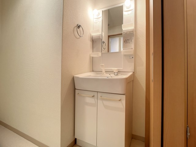 洗面台。側壁には丸型タオルラック。