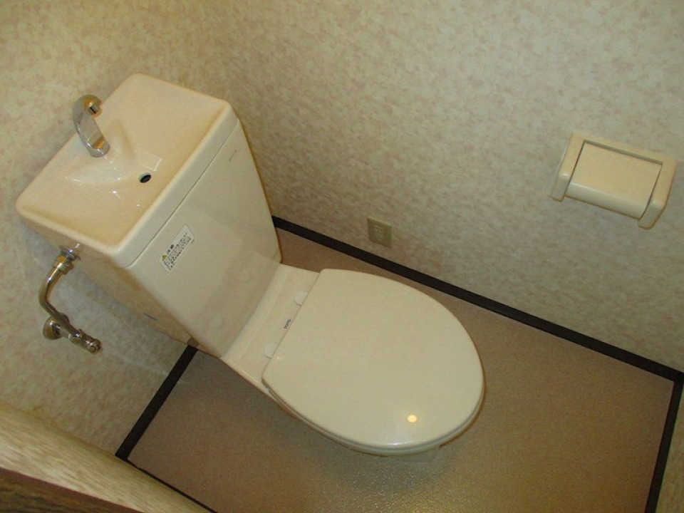 柄付きの壁が印象的なトイレ。