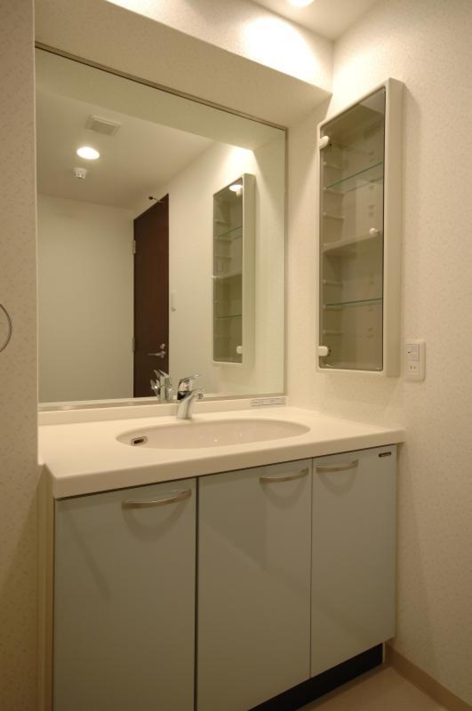 少しゆとりのある洗面台と収納が右手についています。