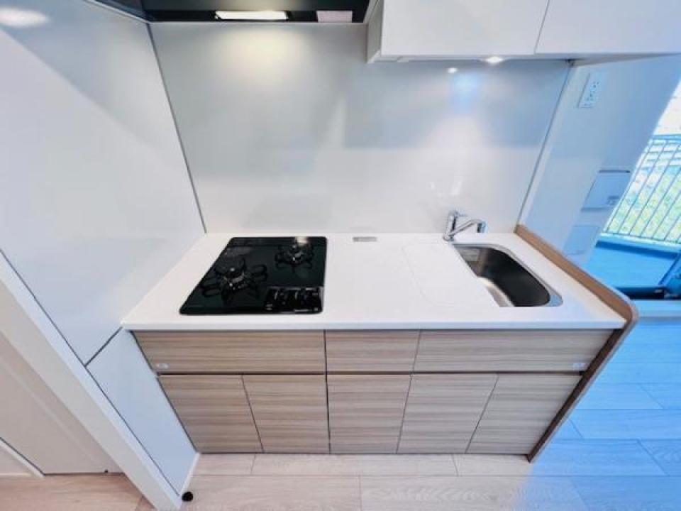 ２口のコンロが設置されていて、シンク上のカバーがワークトップを広くしてくれています。