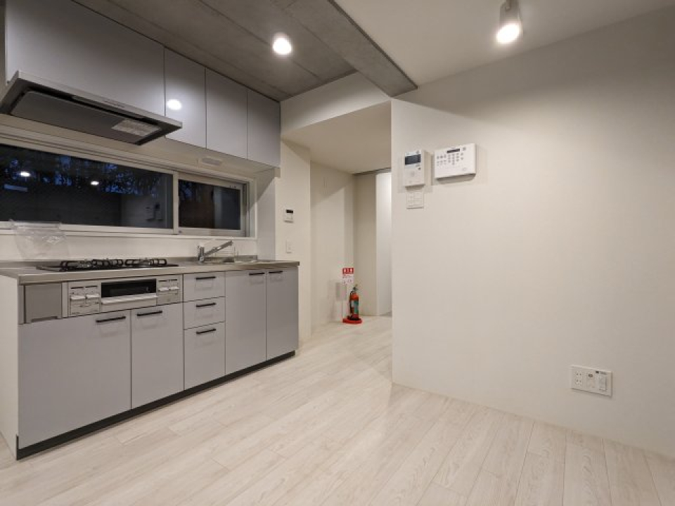 キッチンパネルもコンクリートと色合いを合わせたグレーカラー。