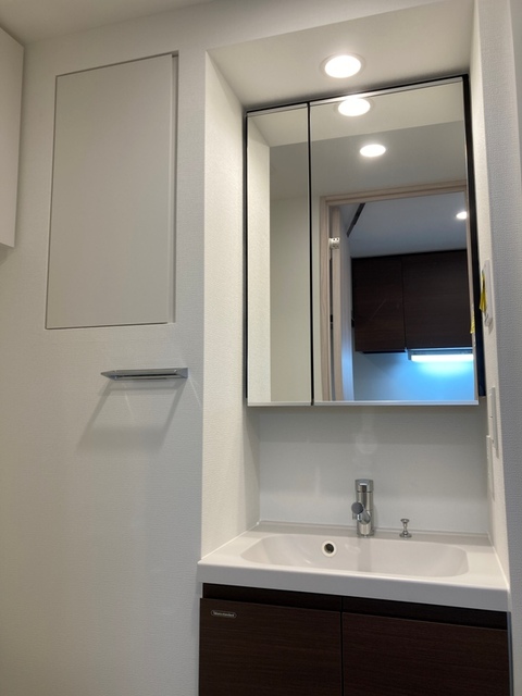 洗面台は暗めの色でシックなデザインです。
※写真は同タイプ住戸です。