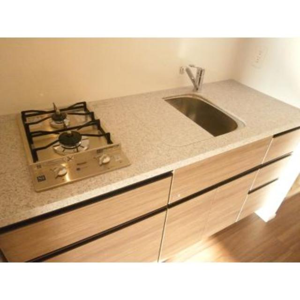 キッチンです。2口のガスコンロ付きです。
※写真は同タイプ住戸です。